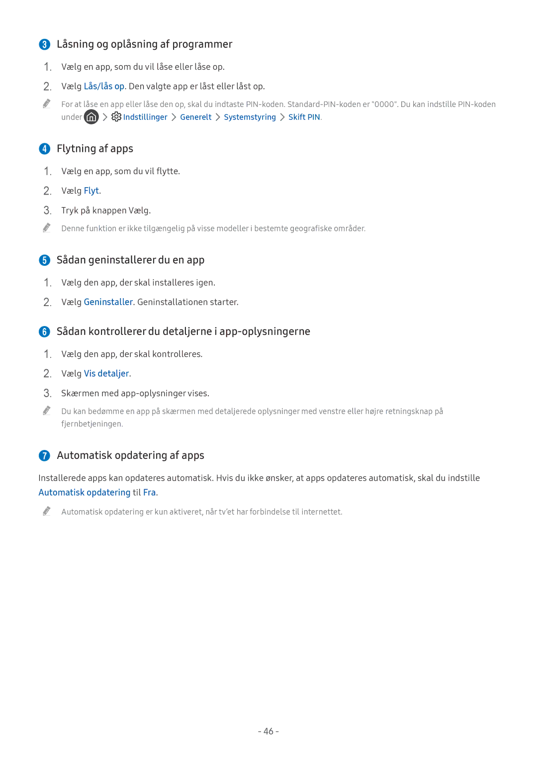 Samsung UE55MU7075TXXC manual  Låsning og oplåsning af programmer,  Flytning af apps,  Sådan geninstallerer du en app 